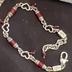 BEAUTIFUL ESTATE SALE FIND -EUC-BRIGHTON RED HEART SILVER TONE BRACELET- 9 inch